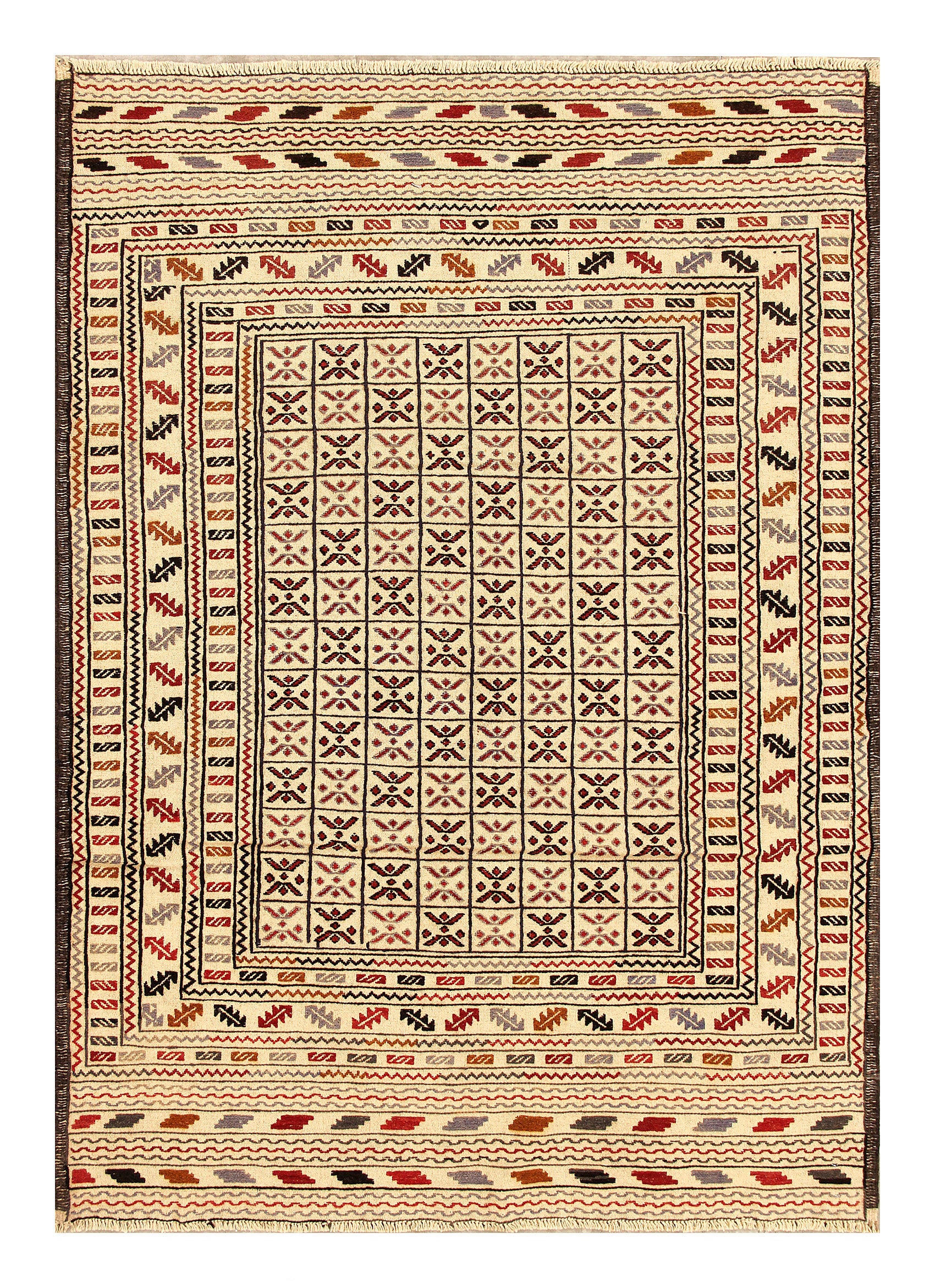 4' 6" x 6' 6  Ivory Handmade Pai Murgh Soumak Kilim Rug Rectangular