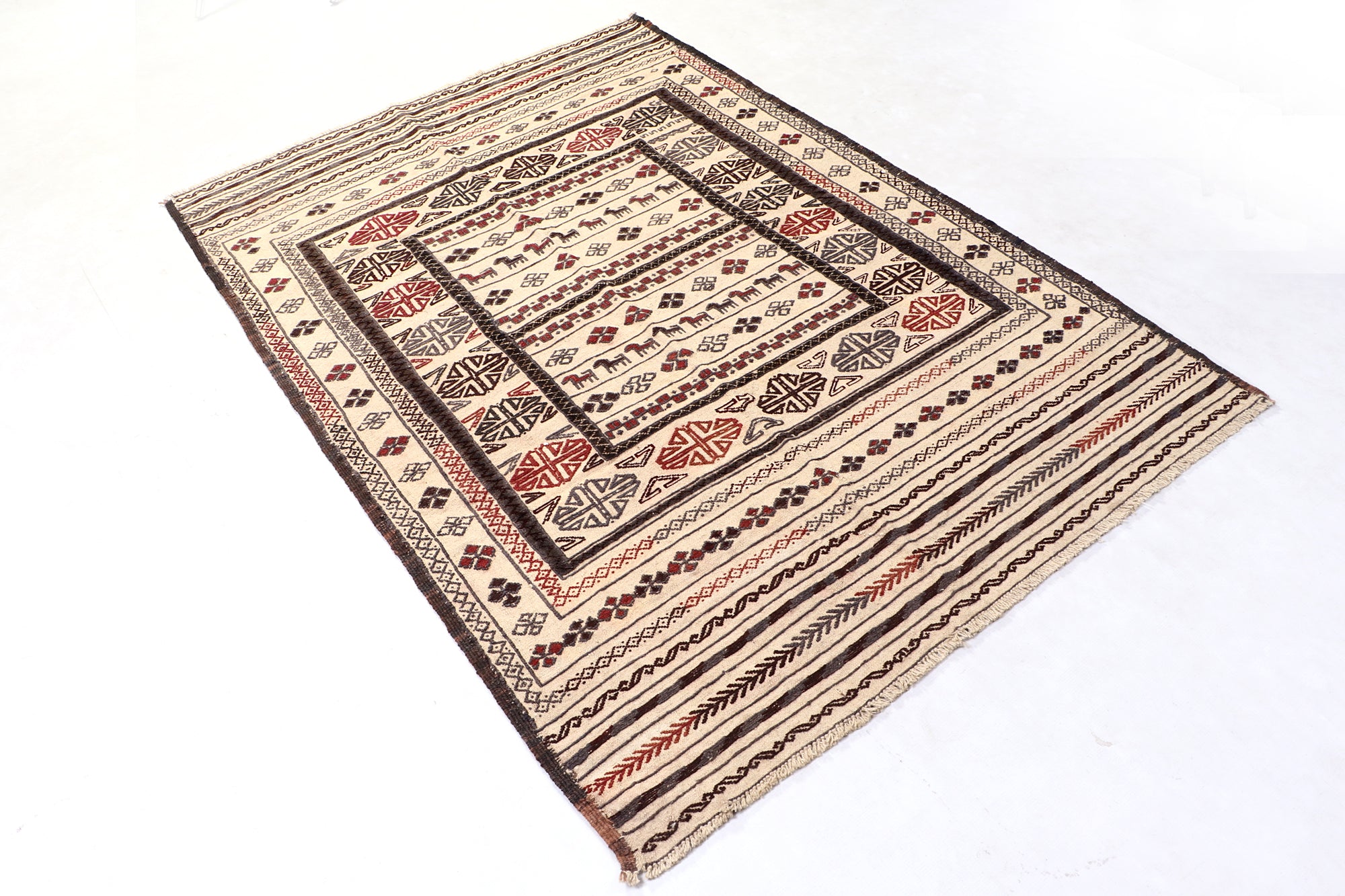 4' 6" x 6' 6  Ivory Handmade Pai Murgh Soumak Kilim Rug Rectangular