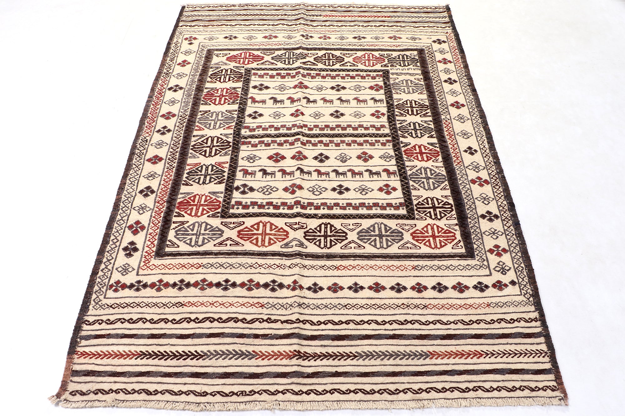 4' 6" x 6' 6  Ivory Handmade Pai Murgh Soumak Kilim Rug Rectangular