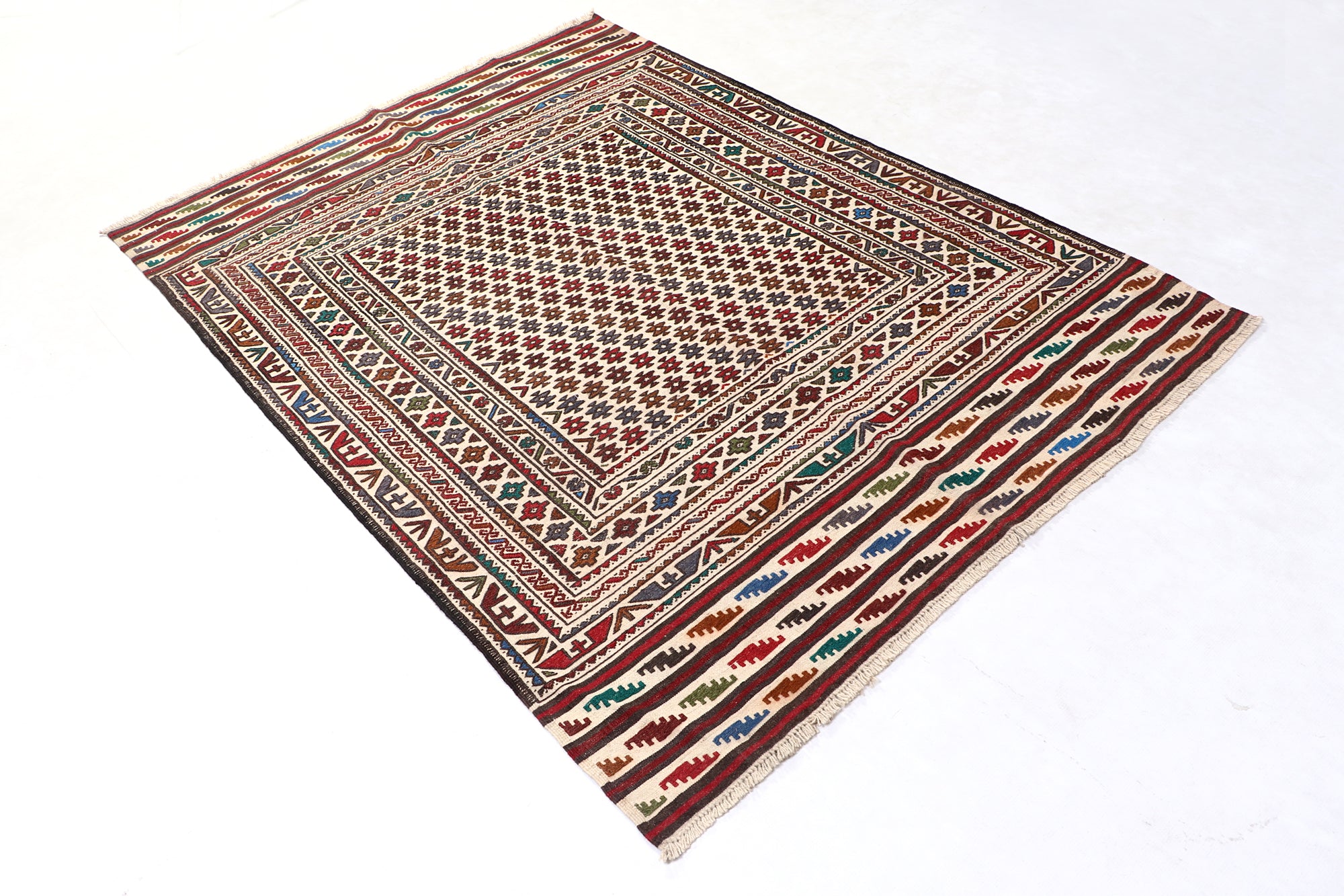 4' 6" x 6' 6  Ivory Handmade Pai Murgh Soumak Kilim Rug Rectangular
