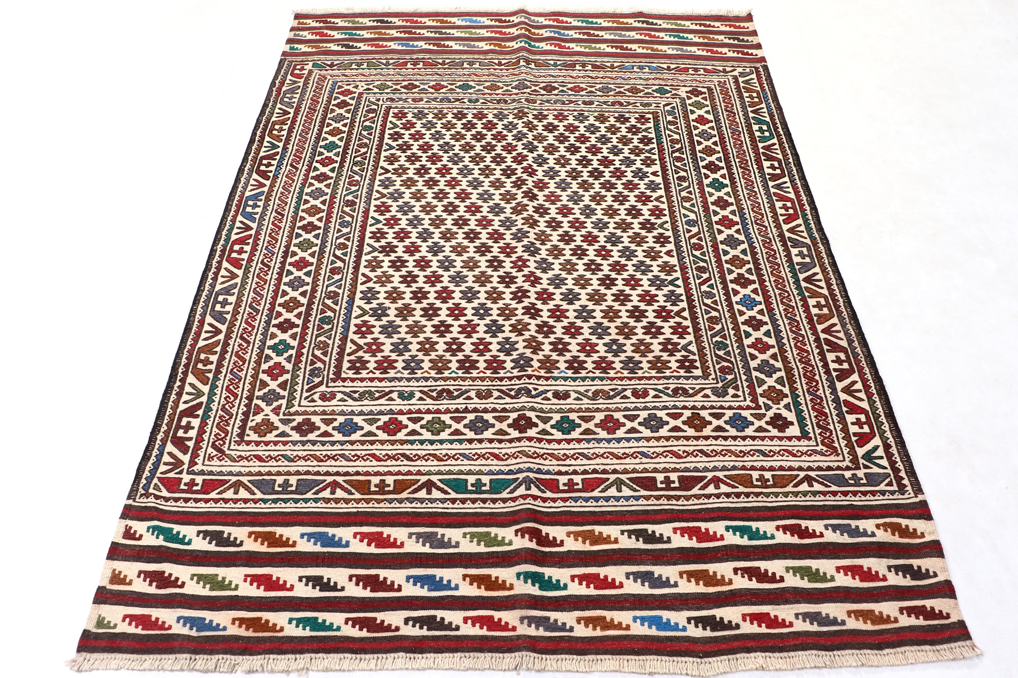 4' 6" x 6' 6  Ivory Handmade Pai Murgh Soumak Kilim Rug Rectangular