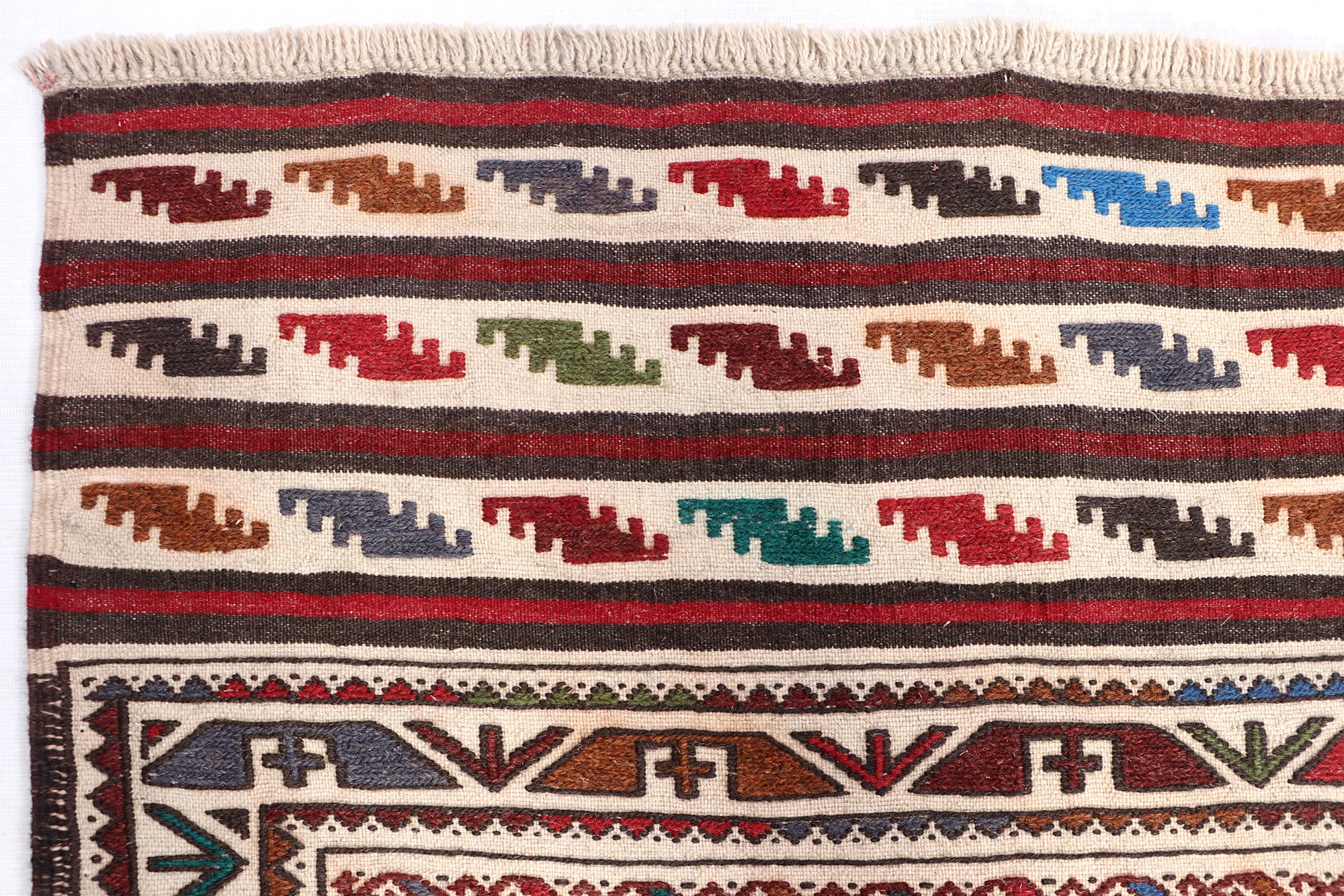 4' 6" x 6' 6  Ivory Handmade Pai Murgh Soumak Kilim Rug Rectangular