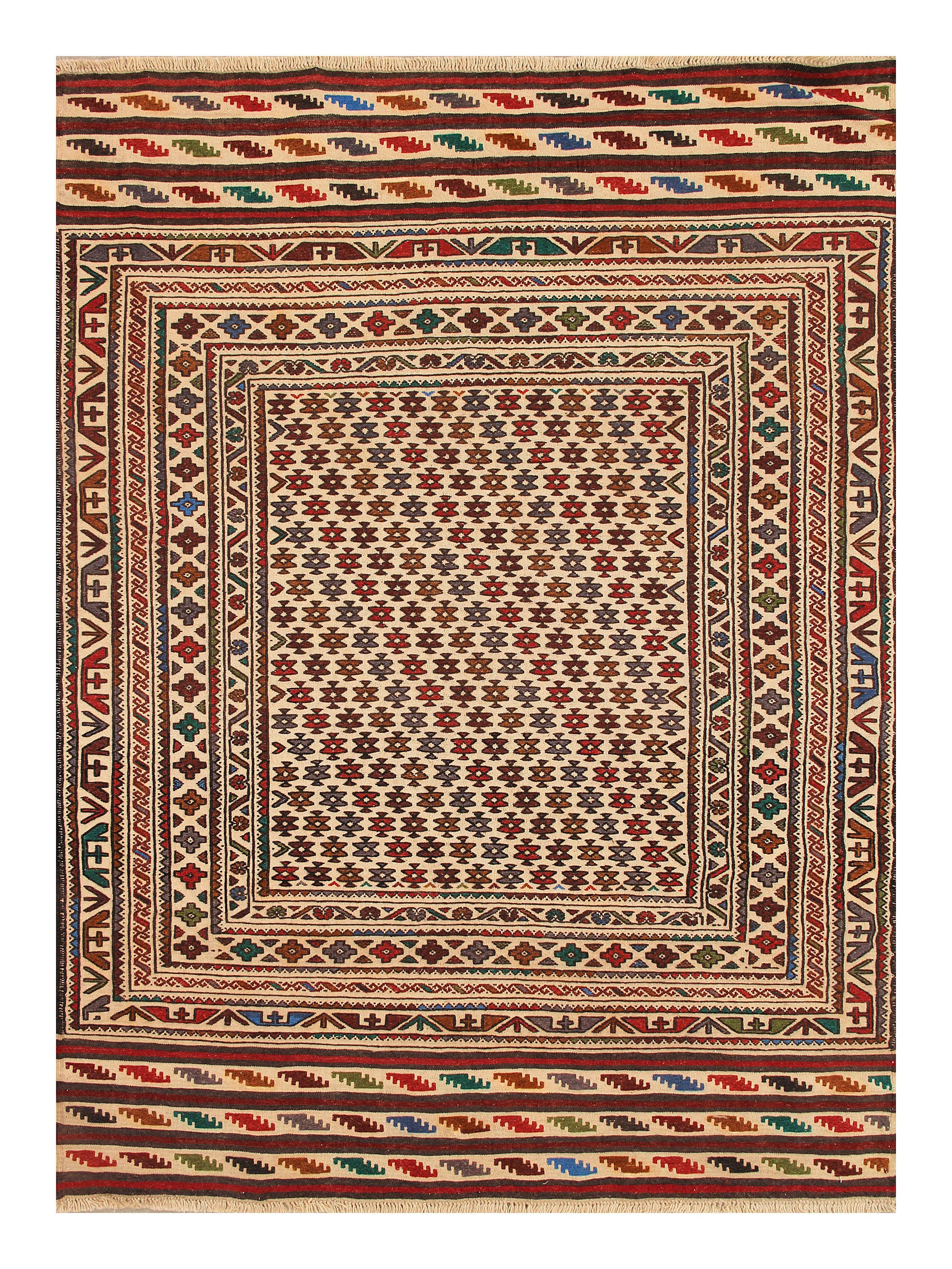 4' 6" x 6' 6  Ivory Handmade Pai Murgh Soumak Kilim Rug Rectangular