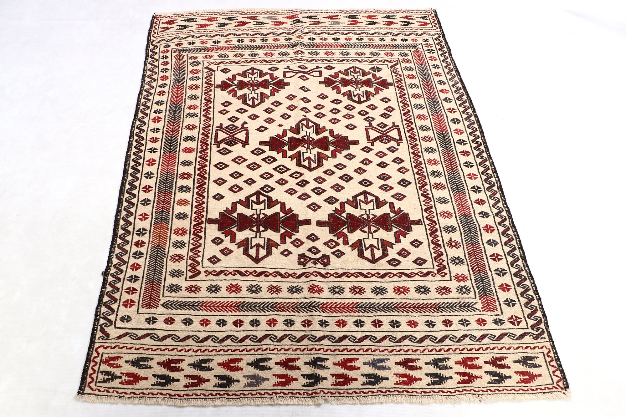 4' x 6'  Ivory Handmade Pai Murgh Soumak Kilim Rug Rectangular