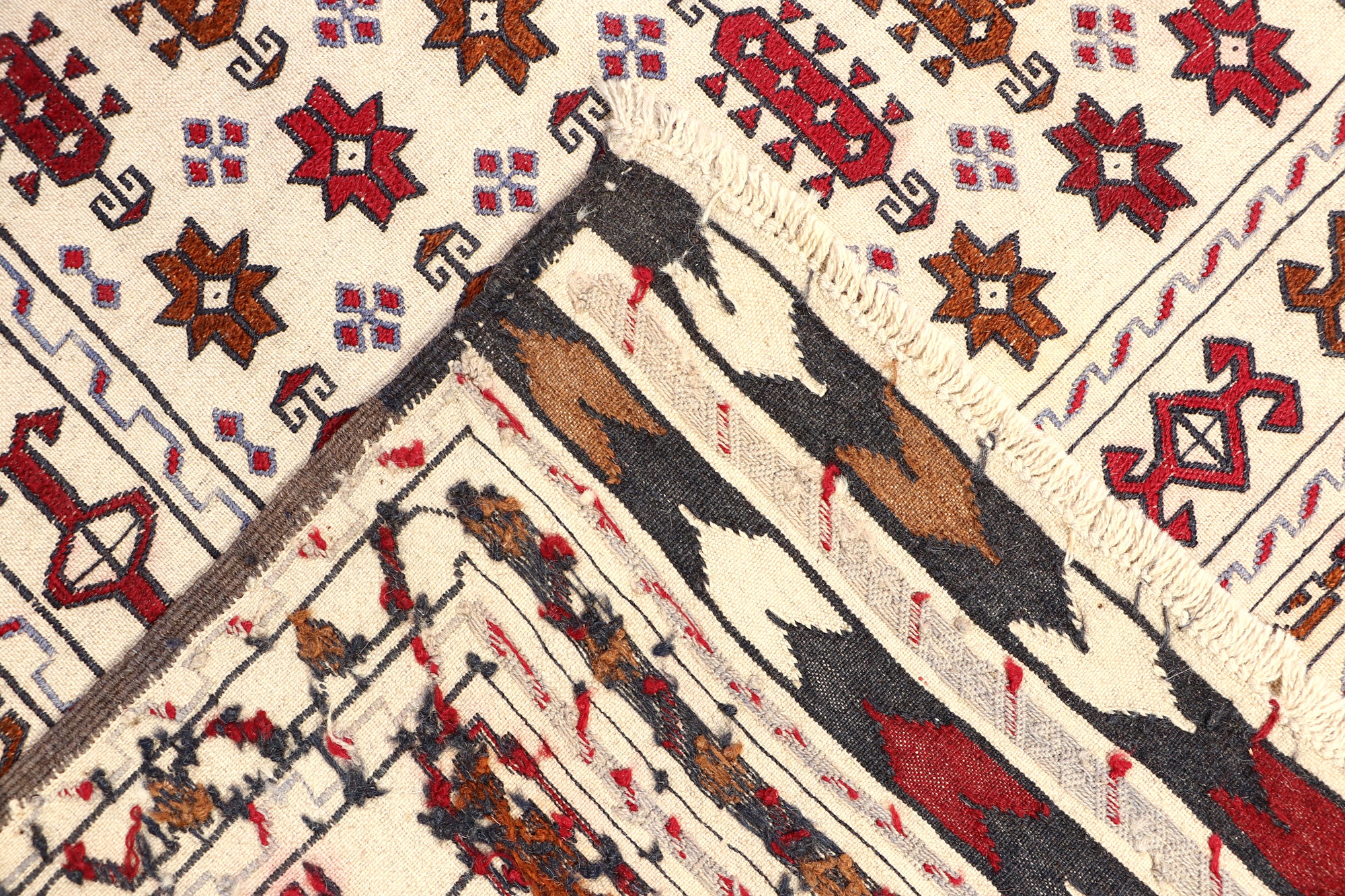 4' 6" x 6' 6  Ivory Handmade Pai Murgh Soumak Kilim Rug Rectangular