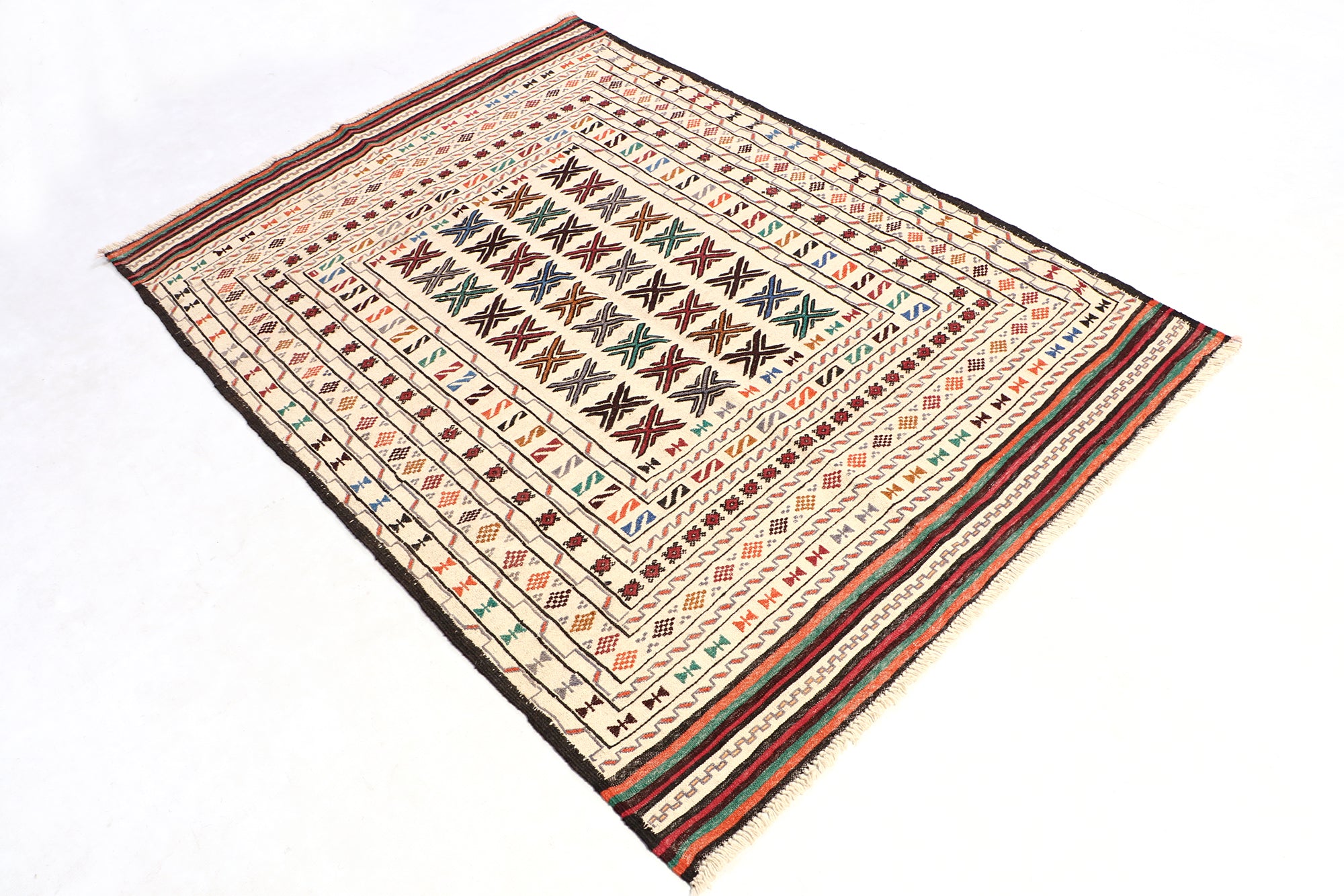 4' 6" x 6' 6  Ivory Handmade Pai Murgh Soumak Kilim Rug Rectangular
