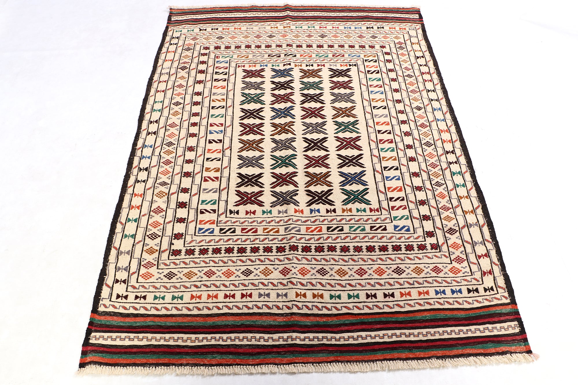 4' 6" x 6' 6  Ivory Handmade Pai Murgh Soumak Kilim Rug Rectangular