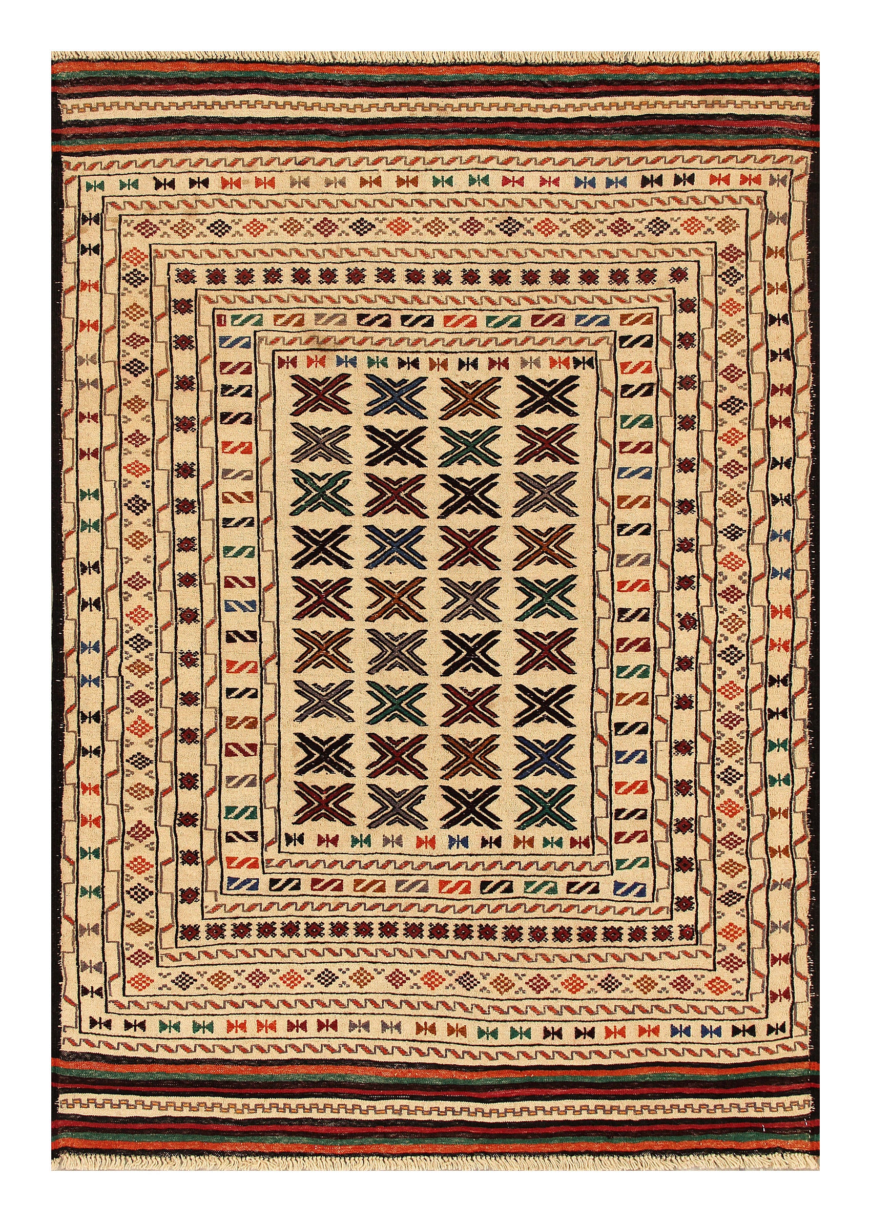 4' 6" x 6' 6  Ivory Handmade Pai Murgh Soumak Kilim Rug Rectangular