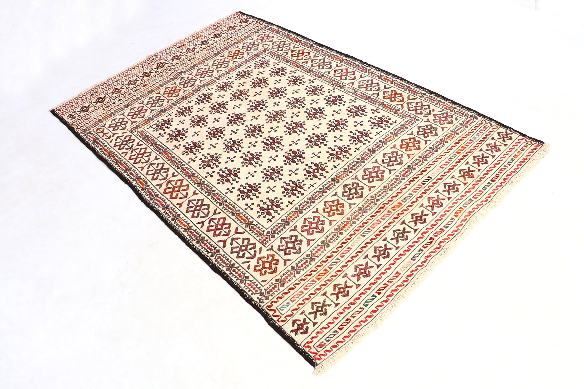 4' 6" x 6' 6  Ivory Handmade Pai Murgh Soumak Kilim Rug Rectangular