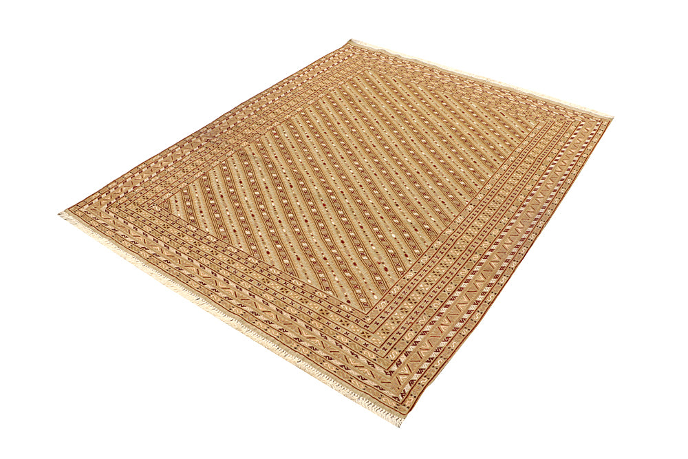 L.brown Handmade Biljik Maliki Kilim Wool Rug Rectangular