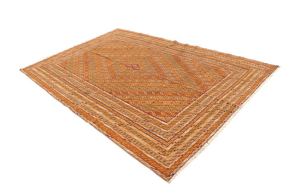 6' 6"X 10'  Orange Handmade Nakhunak Afghan Rug Rectangular