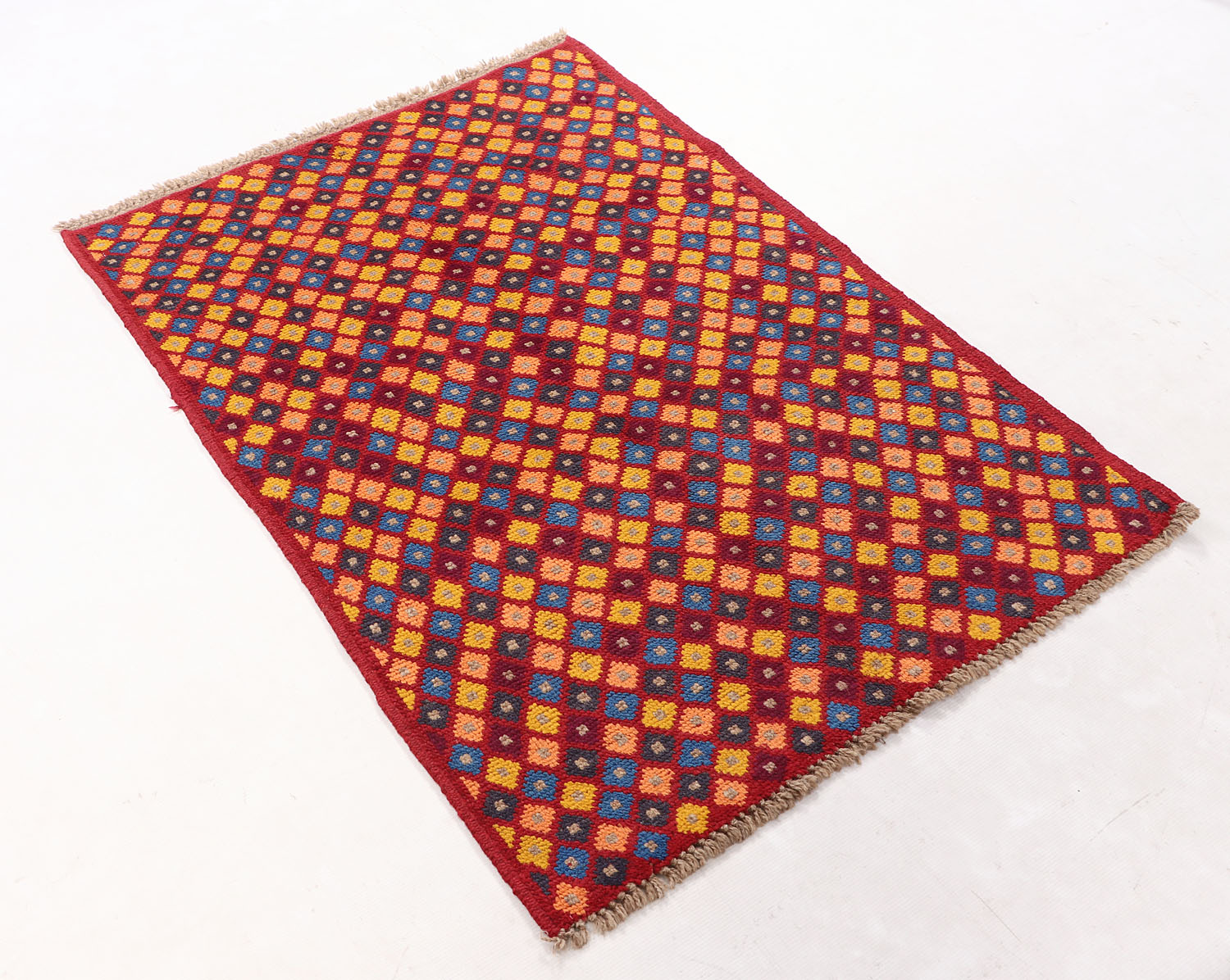 3' X 4'  Red Handmade Kohistani Baluchi Afghan Rug Rectangular