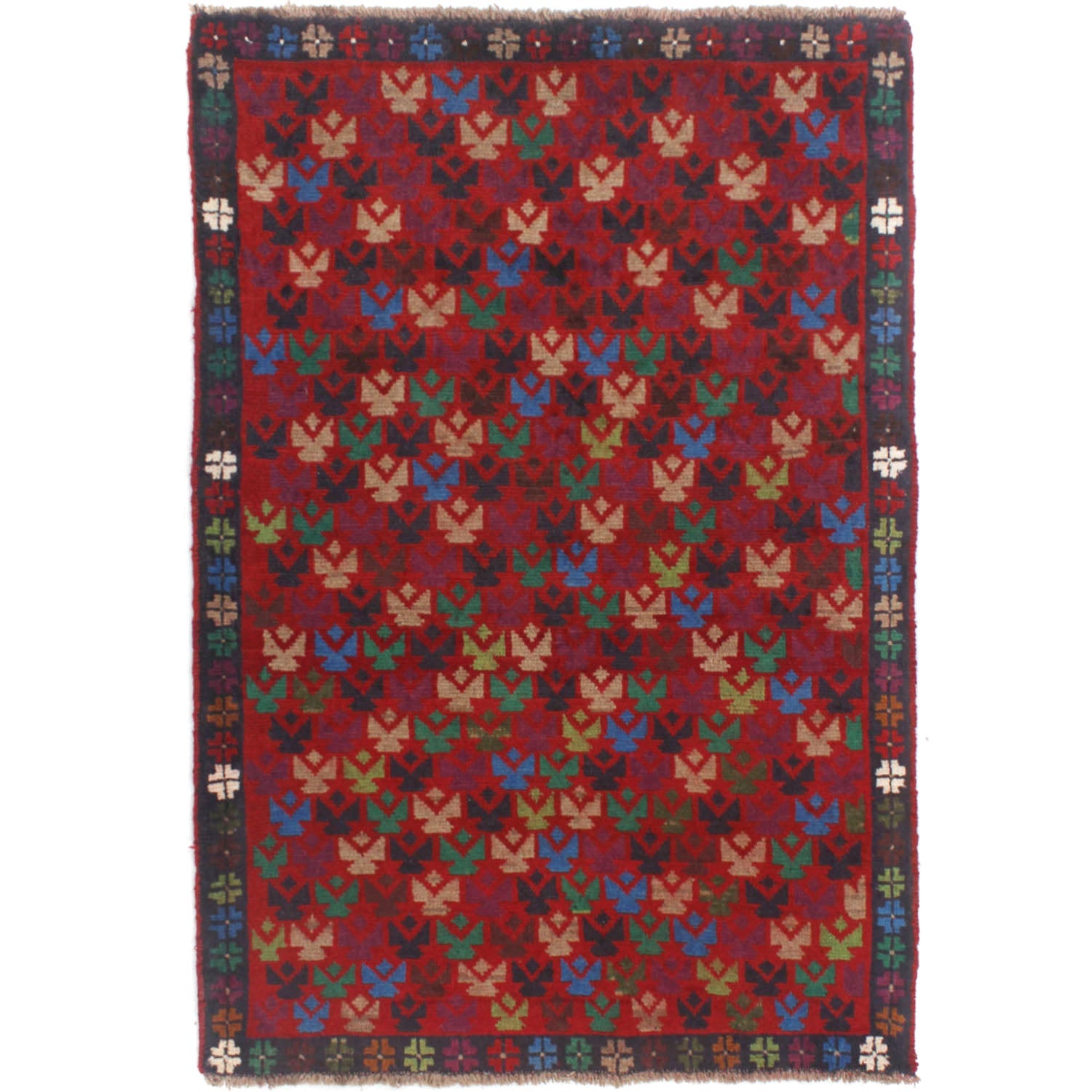 3' X 5'  Red Handmade Kohistani Baluchi Afghan Rug Rectangular