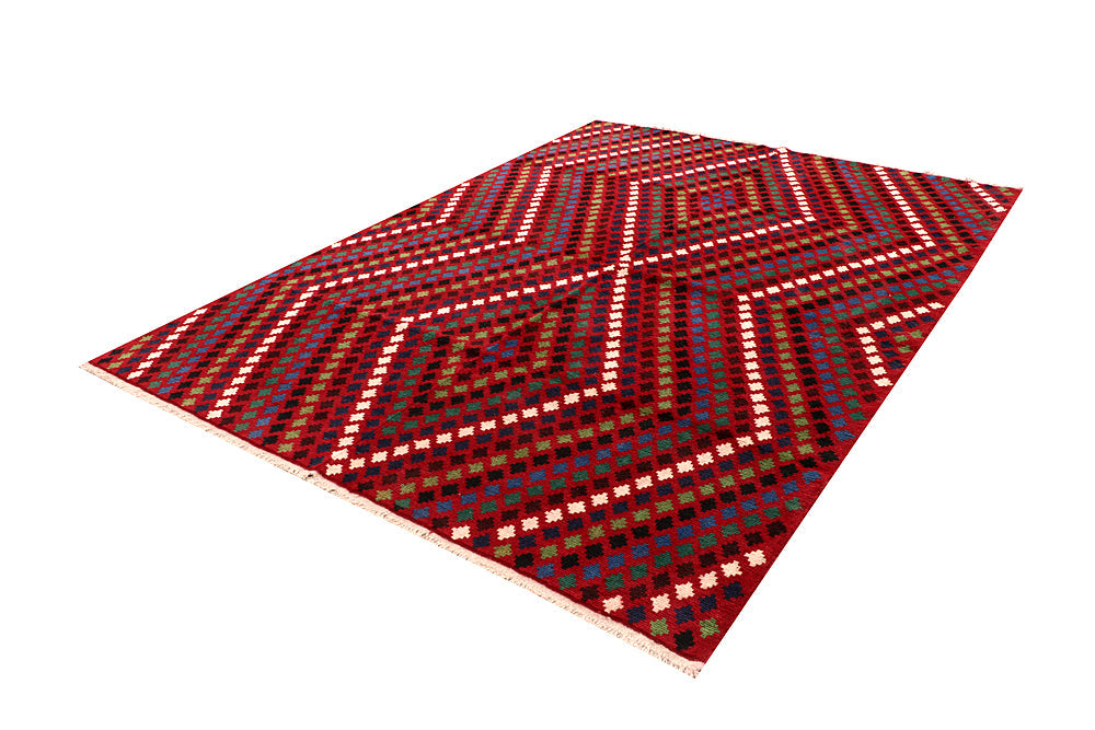 6' 6"X 10'  Red Handmade Kohistani Baluchi Afghan Rug Rectangular