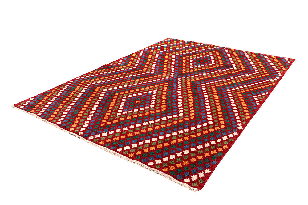 6' 6"X 10'  Red Handmade Kohistani Baluchi Afghan Rug Rectangular