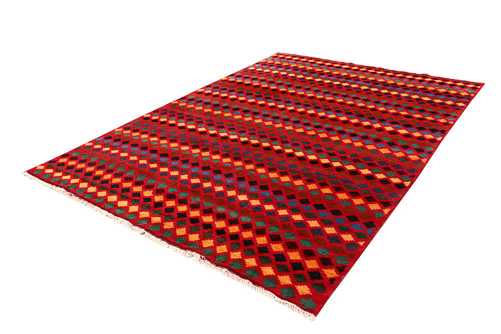 6' 6"X 10'  Red Handmade Kohistani Baluchi Afghan Rug Rectangular