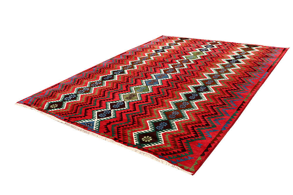 6' 6"X 10'  Red Handmade Kohistani Baluchi Afghan Rug Rectangular