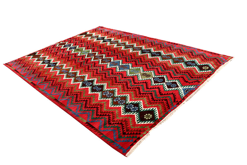 6' 6"X 10'  Red Handmade Kohistani Baluchi Afghan Rug Rectangular