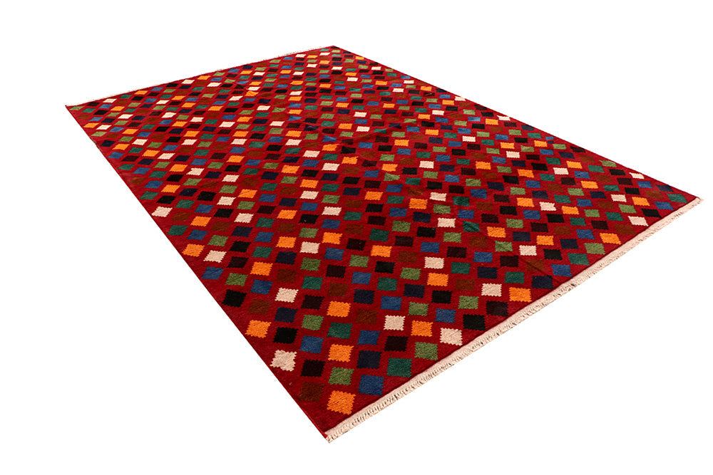 6' 6"X 10'  Red Handmade Kohistani Baluchi Afghan Rug Rectangular