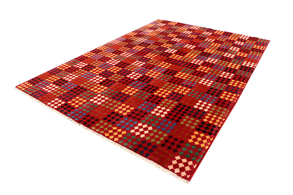 6' 6"X 10'  Red Handmade Kohistani Baluchi Afghan Rug Rectangular