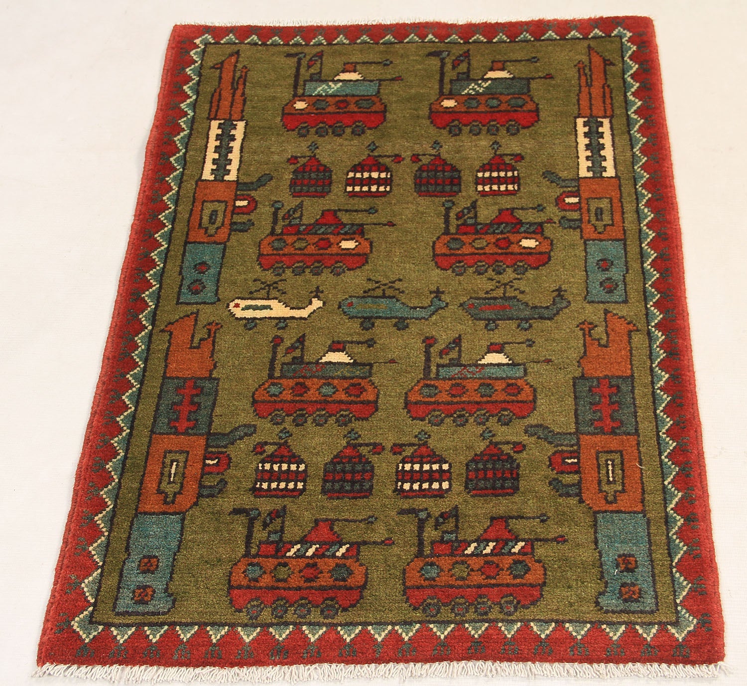 Green Hand Knotted Wool War Rug 2' x 3'