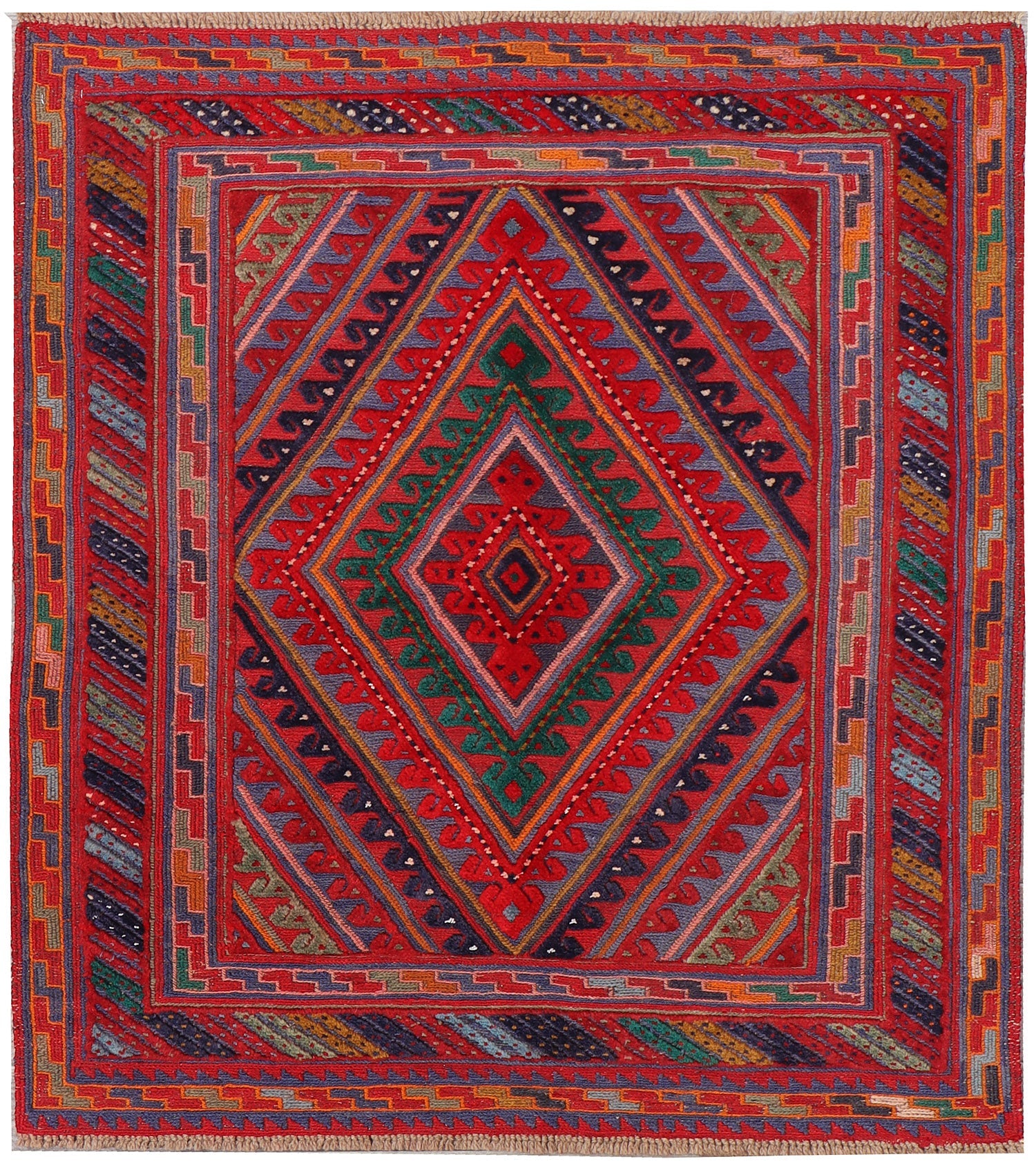 4' x 4'  Red Handmade Mashwani Afghan Rug Square