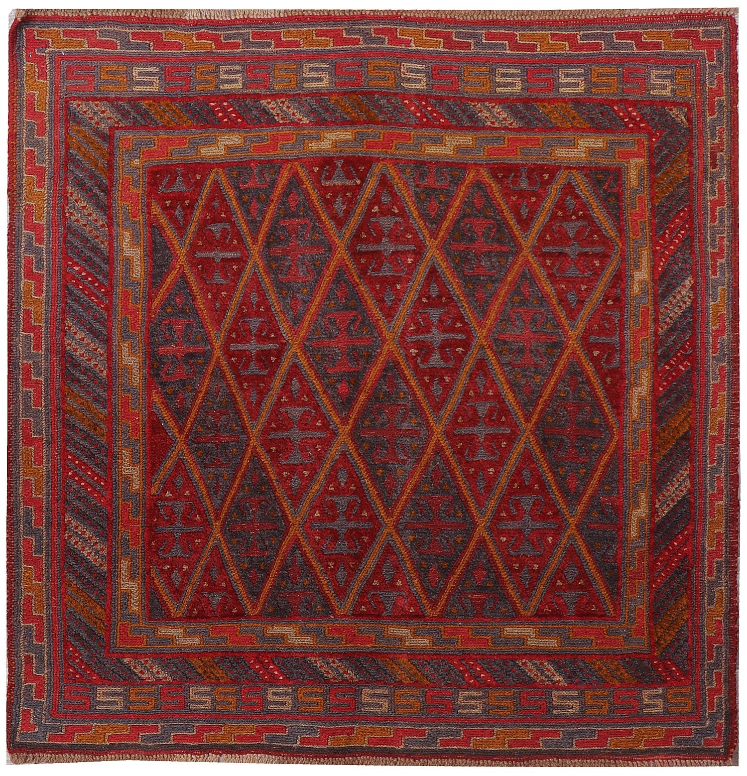 4' x 4'  Red Handmade Mashwani Afghan Rug Square
