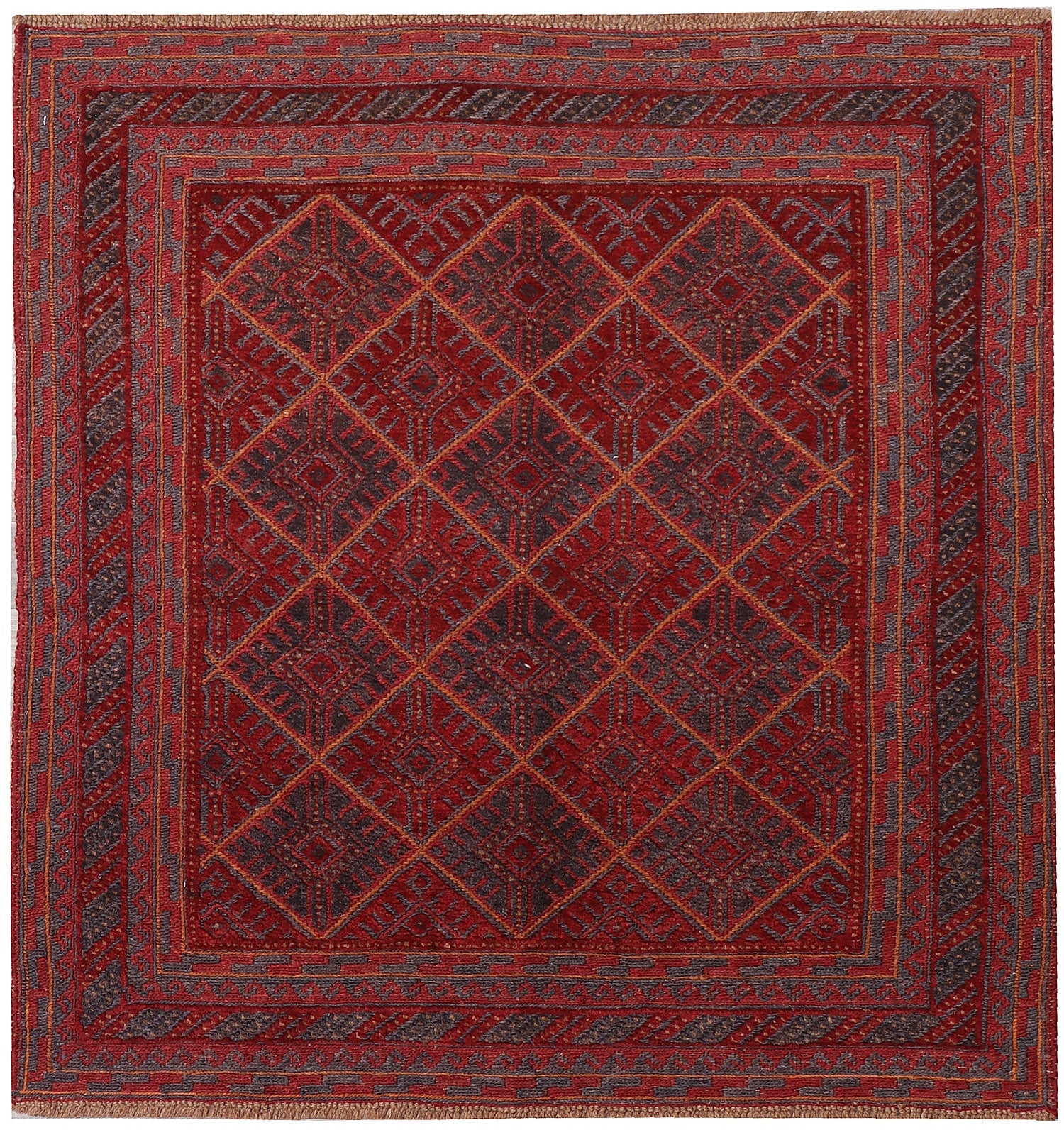 4' x 4'  Red Handmade Mashwani Afghan Rug Square