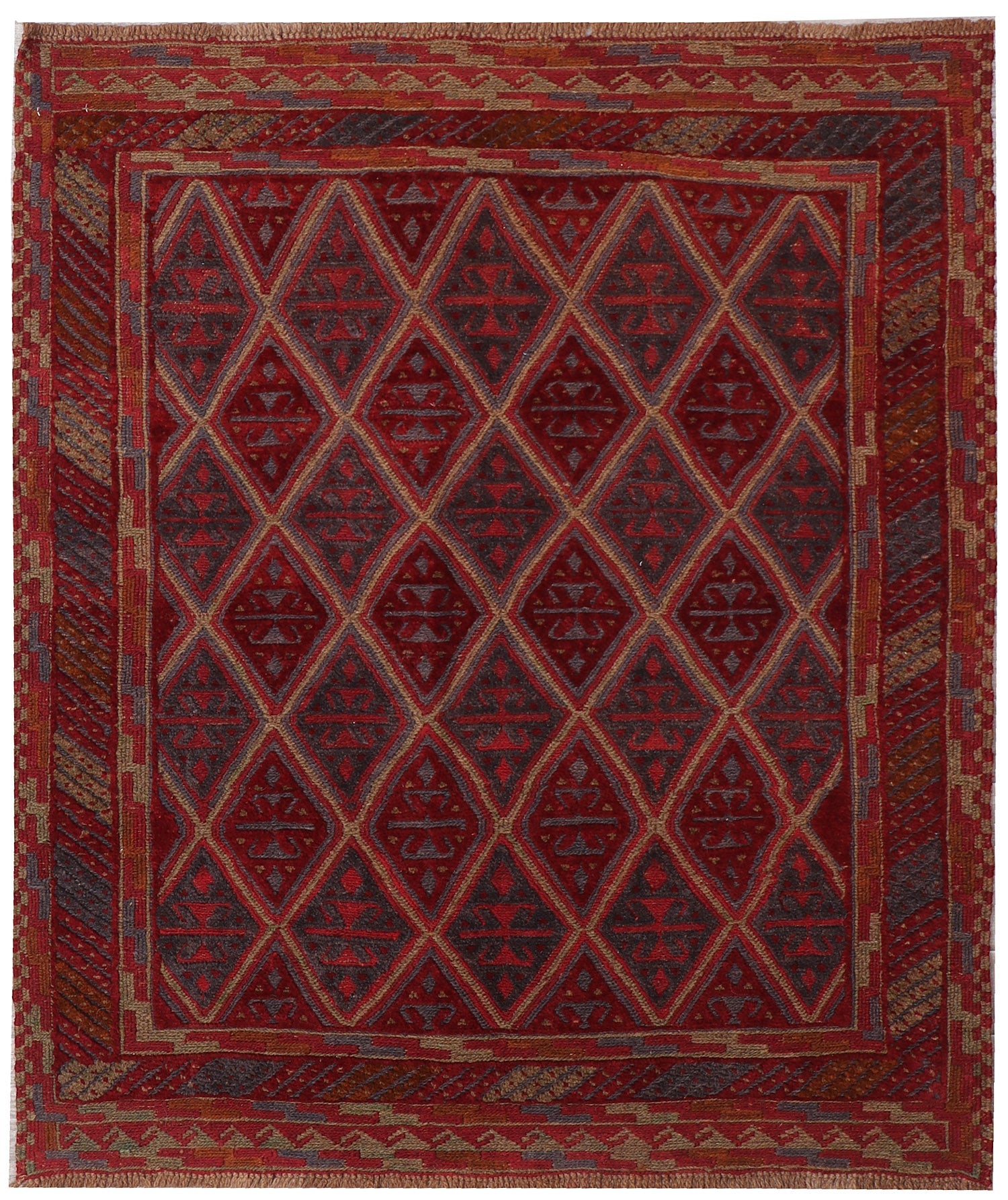 4' x 4'  Red Handmade Mashwani Afghan Rug Square
