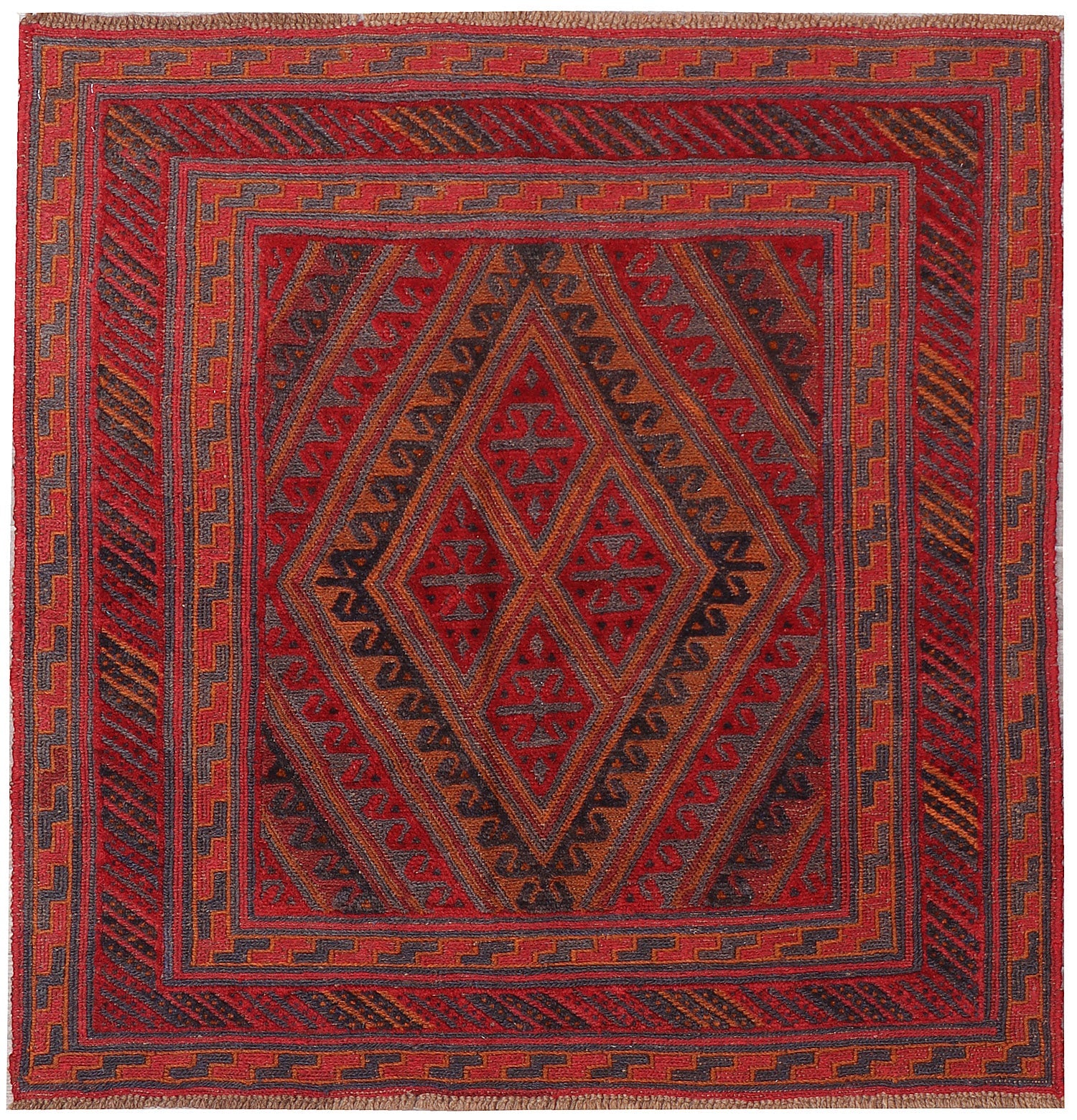 4' x 4'  Red Handmade Mashwani Afghan Rug Square