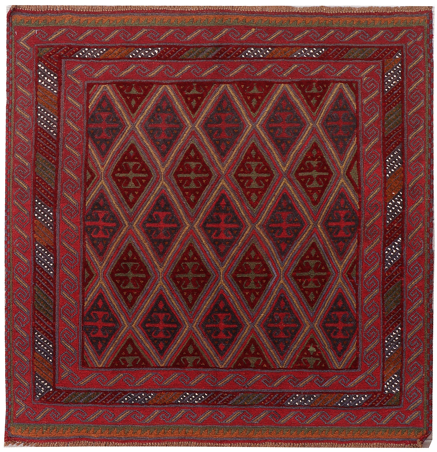 4' x 4'  Red Handmade Mashwani Afghan Rug Square