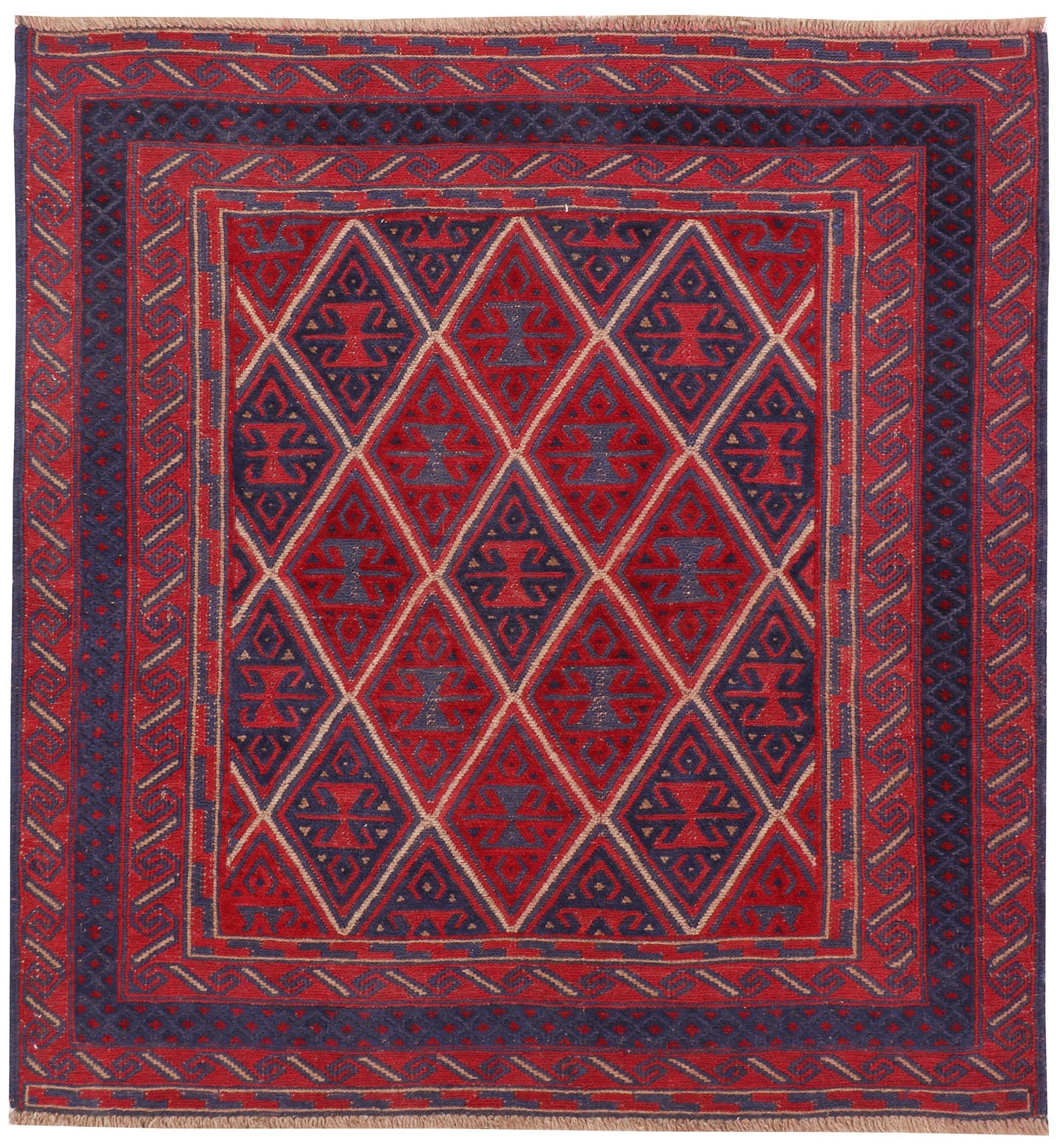 4' x 4'  Red Handmade Mashwani Afghan Rug Square