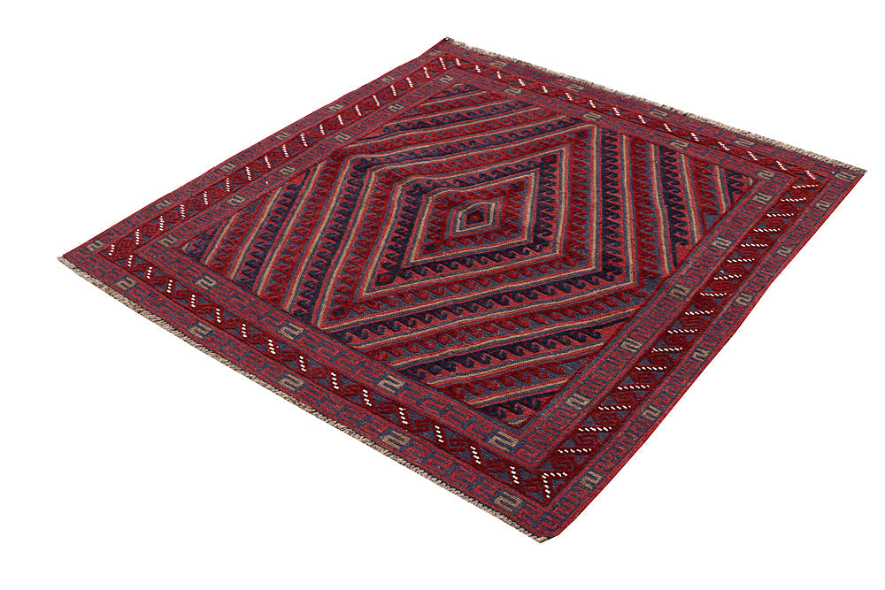 4' x 4'  Red Handmade Mashwani Afghan Rug Square