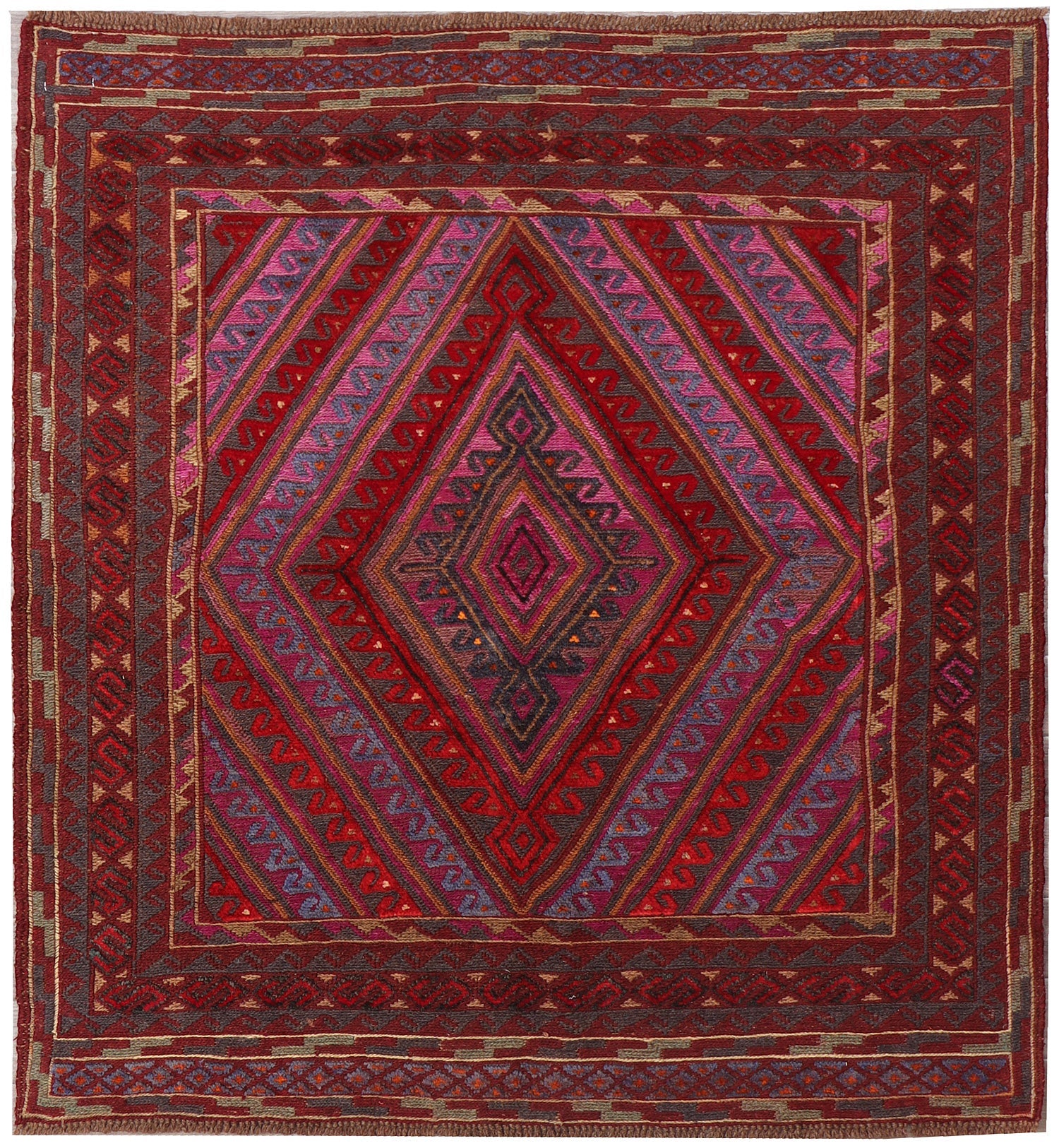 4' x 4'  Red Handmade Mashwani Afghan Rug Square