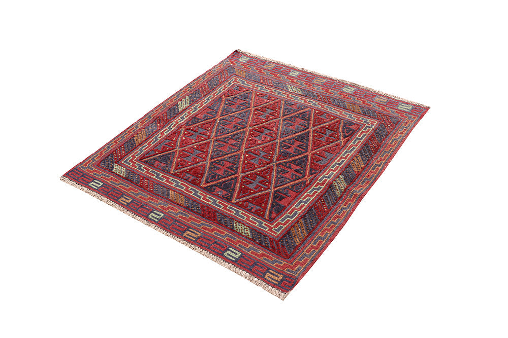4' x 4'  Red Handmade Mashwani Afghan Rug Square