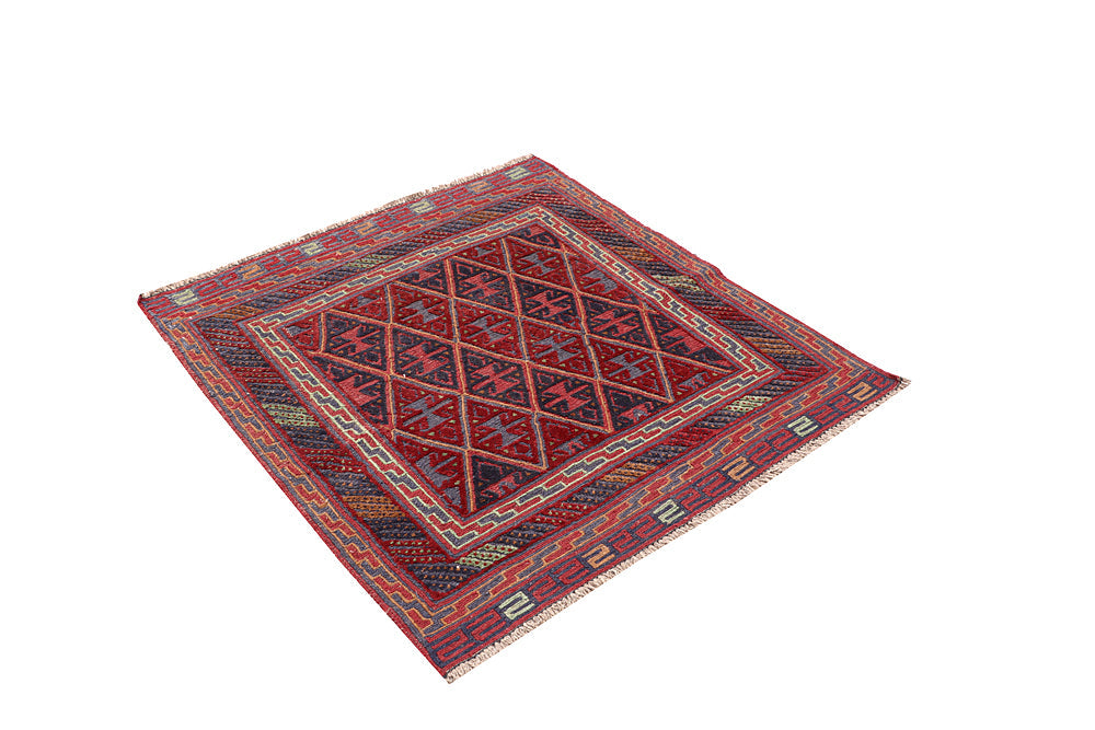 4' x 4'  Red Handmade Mashwani Afghan Rug Square