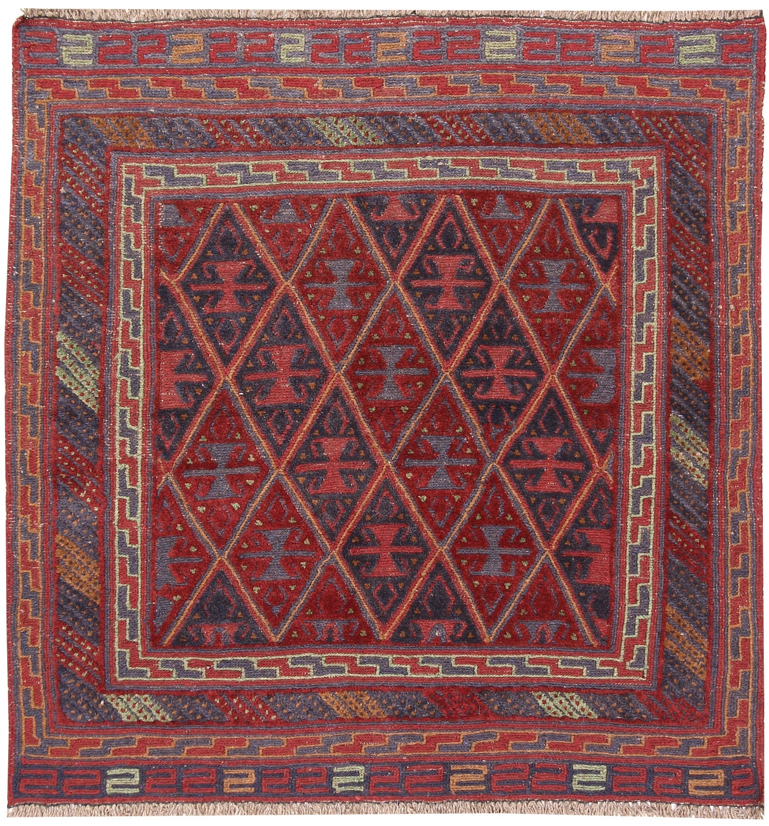 4' x 4'  Red Handmade Mashwani Afghan Rug Square