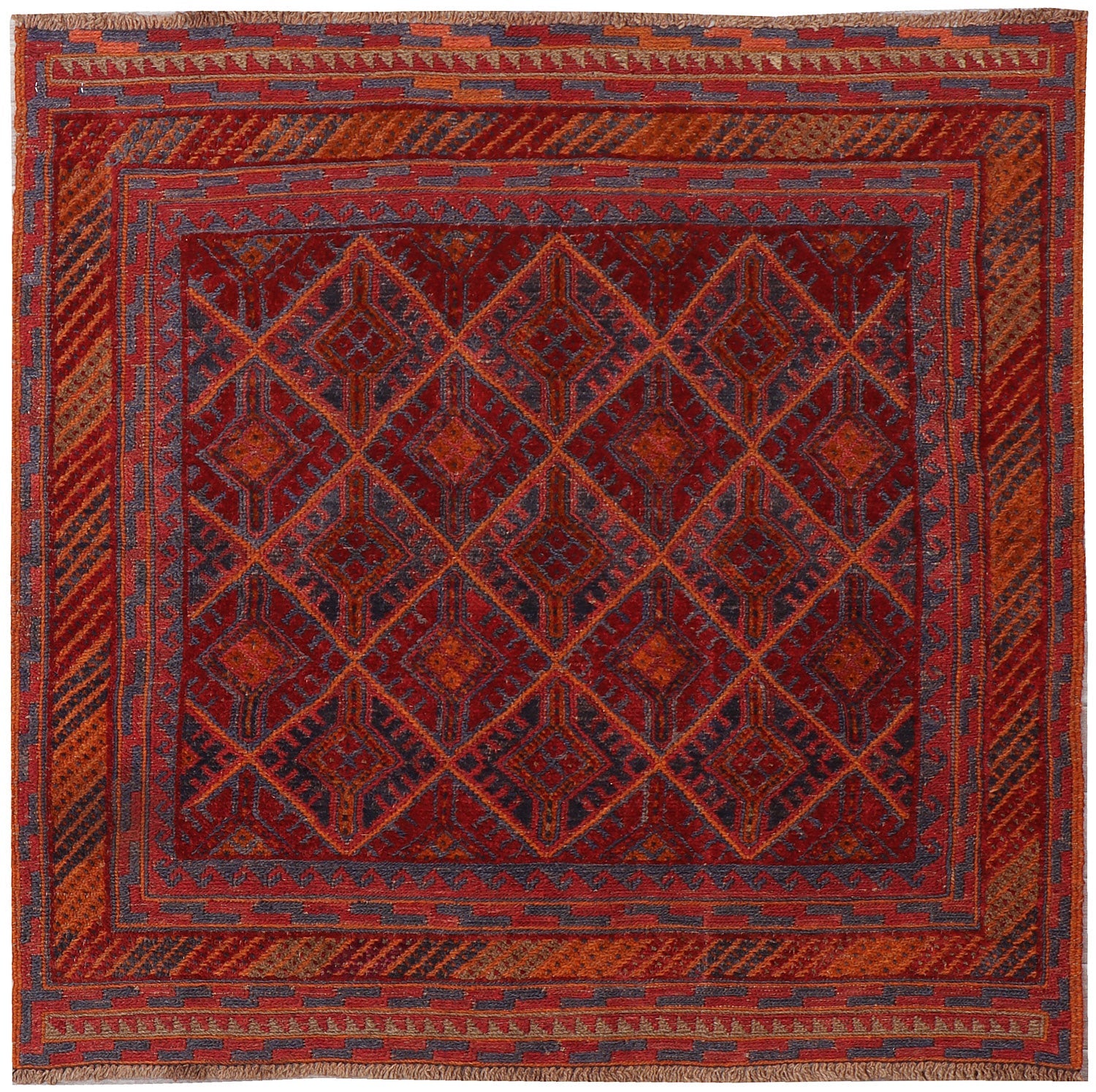 4' x 4'  Red Handmade Mashwani Afghan Rug Square