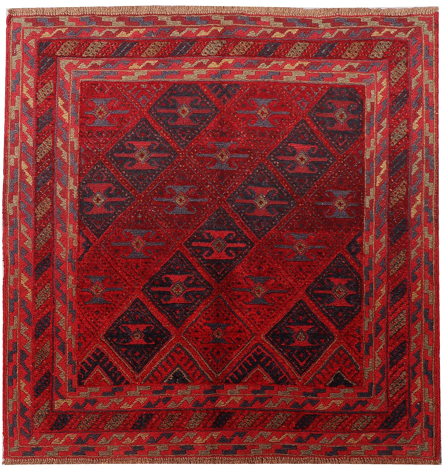 4' x 4'  Red Handmade Mashwani Afghan Rug Square