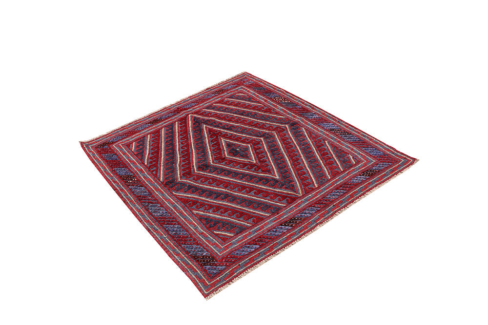 4' x 4'  Red Handmade Mashwani Afghan Rug Square