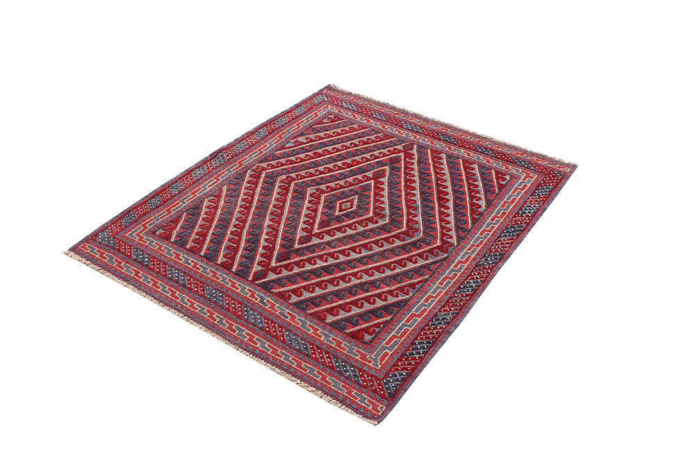 4' x 4'  Red Handmade Mashwani Afghan Rug Square