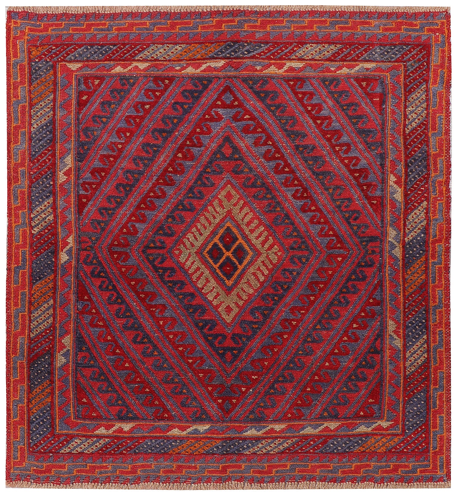 4' x 4'  Red Handmade Mashwani Afghan Rug Square
