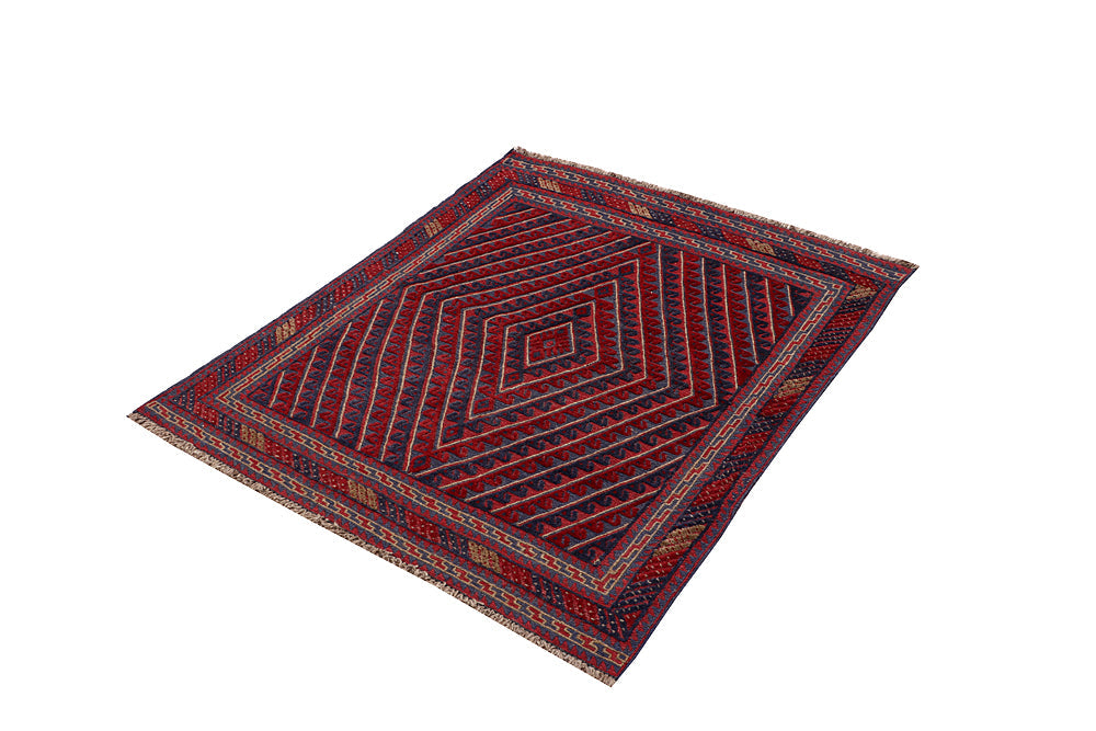 4' x 4'  Red Handmade Mashwani Afghan Rug Square
