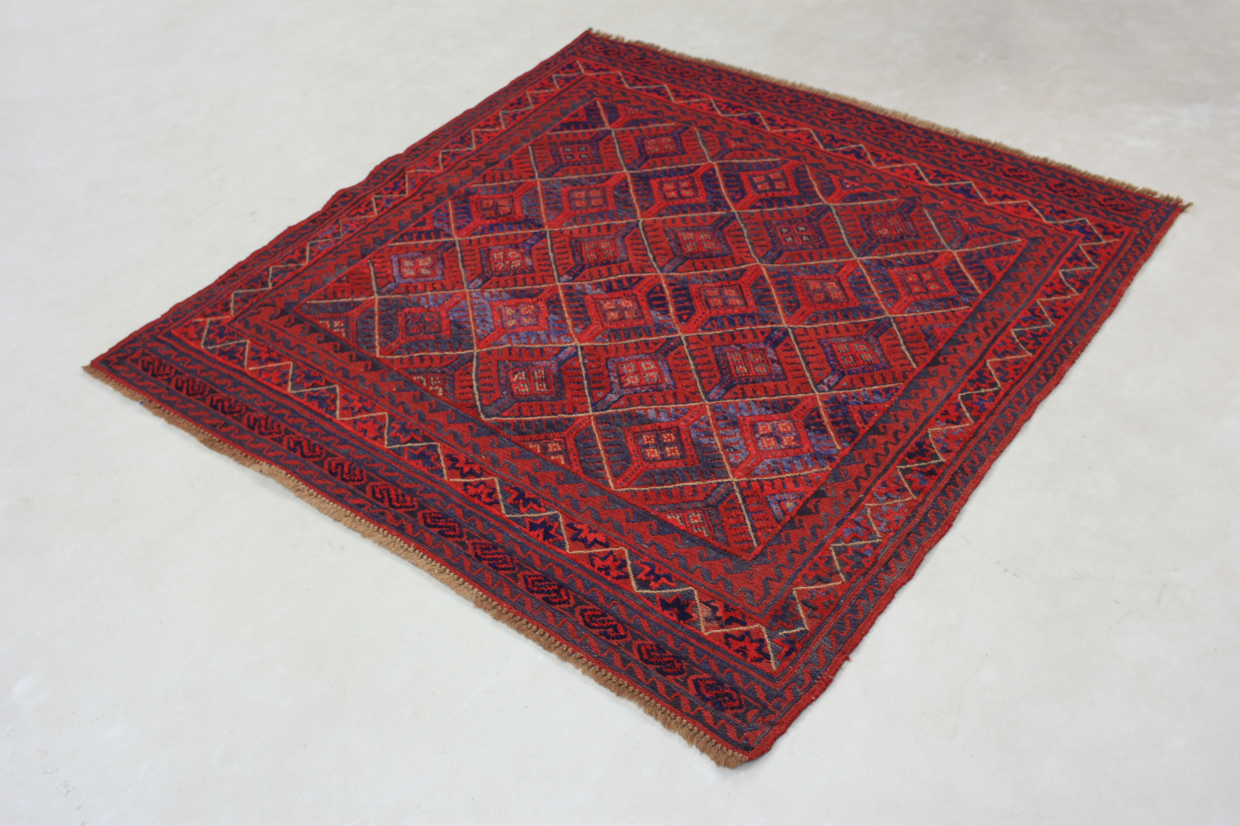 4' x 4'  Red Handmade Mashwani Afghan Rug Square