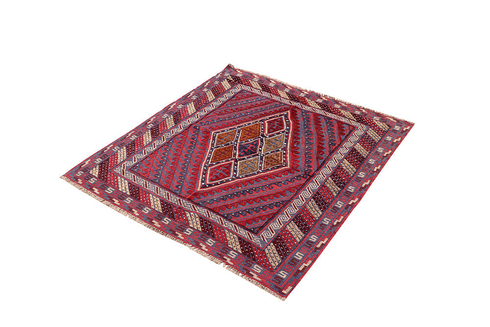 4' x 4'  Red Handmade Mashwani Afghan Rug Square