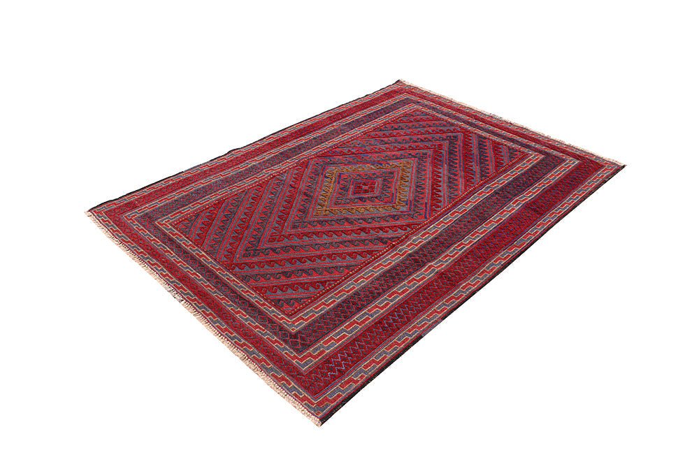 4' 6" x 6' 6  Red Handmade Mashwani Afghan Rug Rectangular