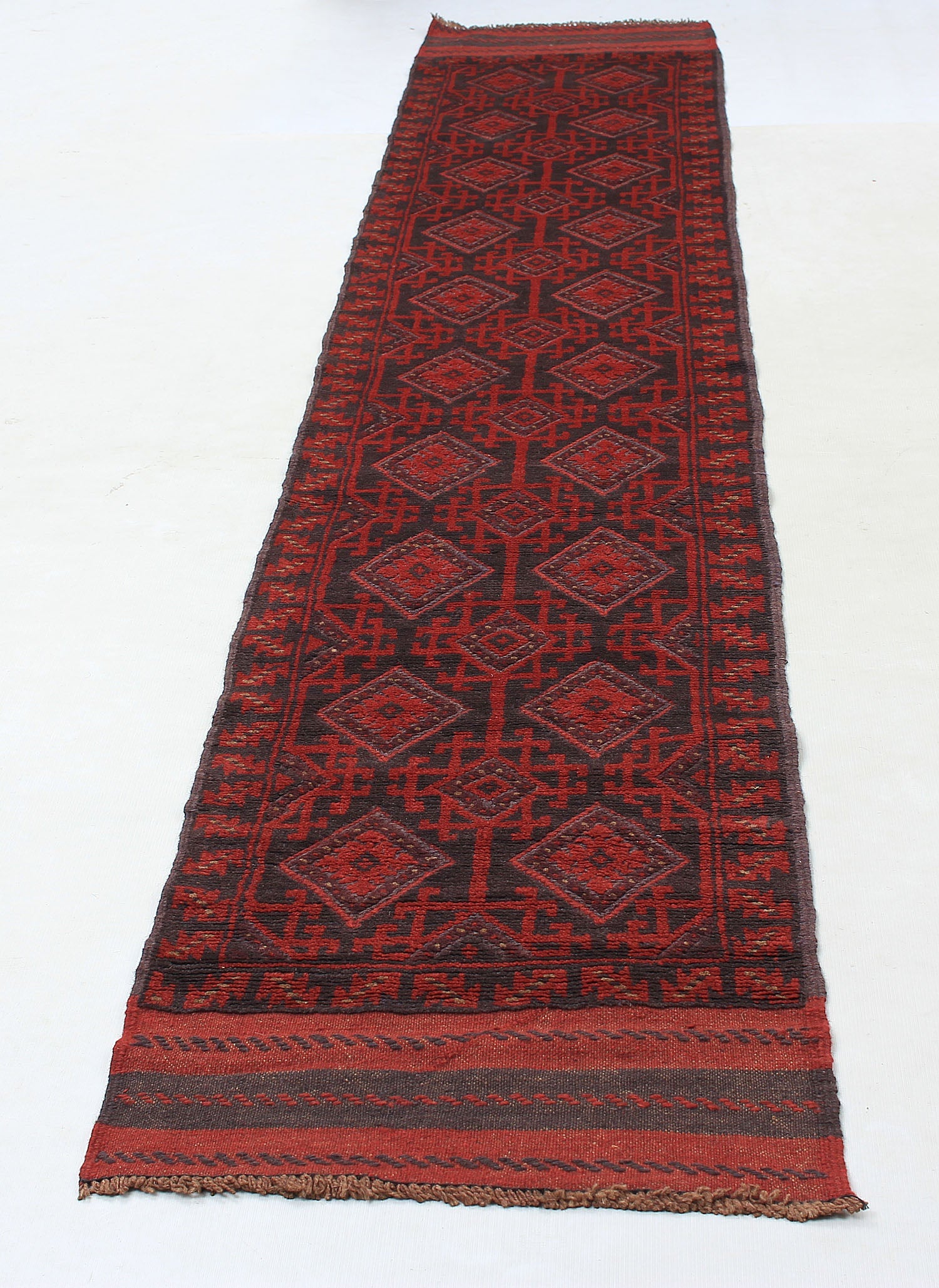 10' 6" X 2' 6"  Red Handmade Mashwani Afghan Rug Runner