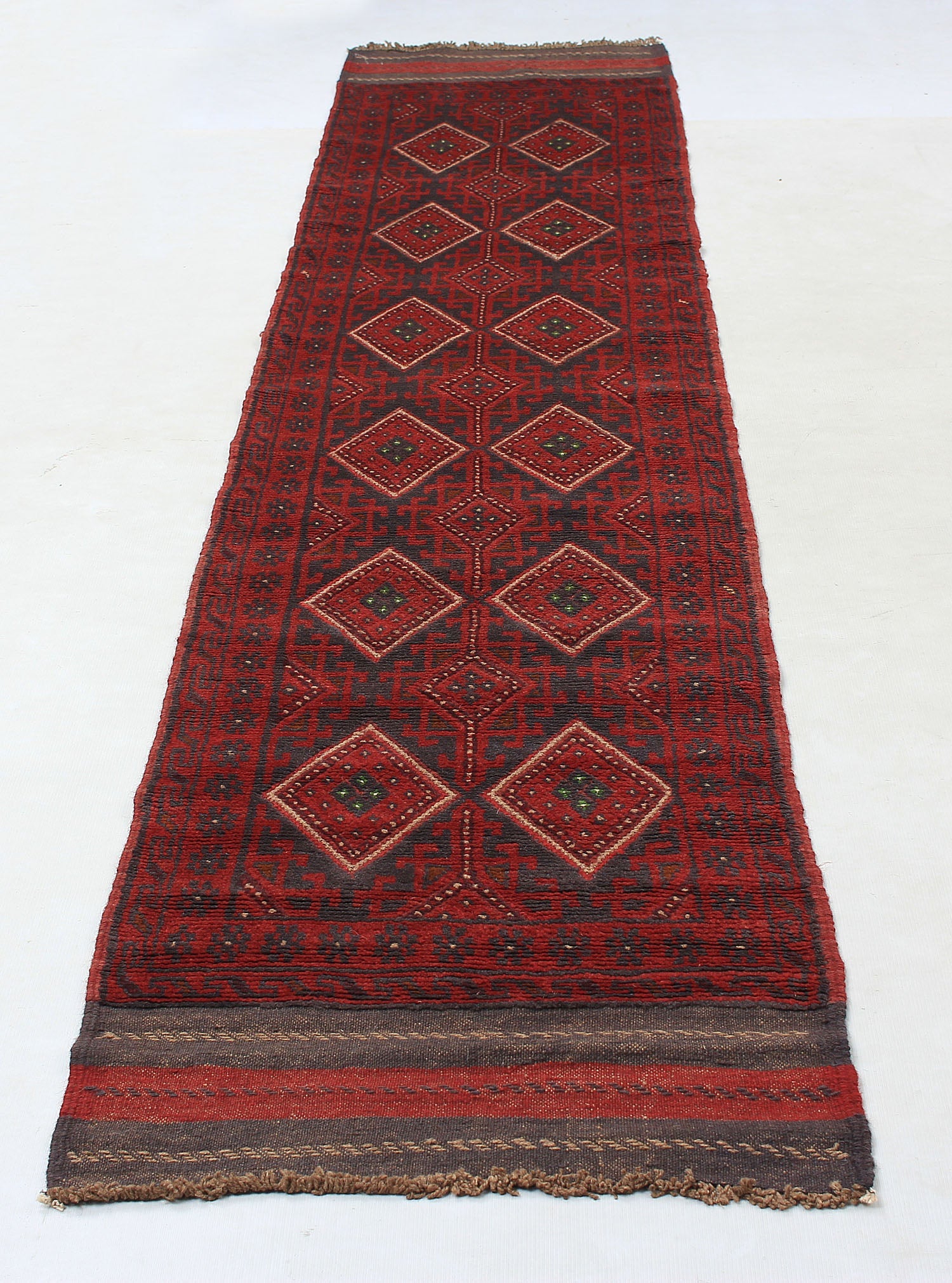 10' 6" X 2' 6"  Red Handmade Mashwani Afghan Rug Runner