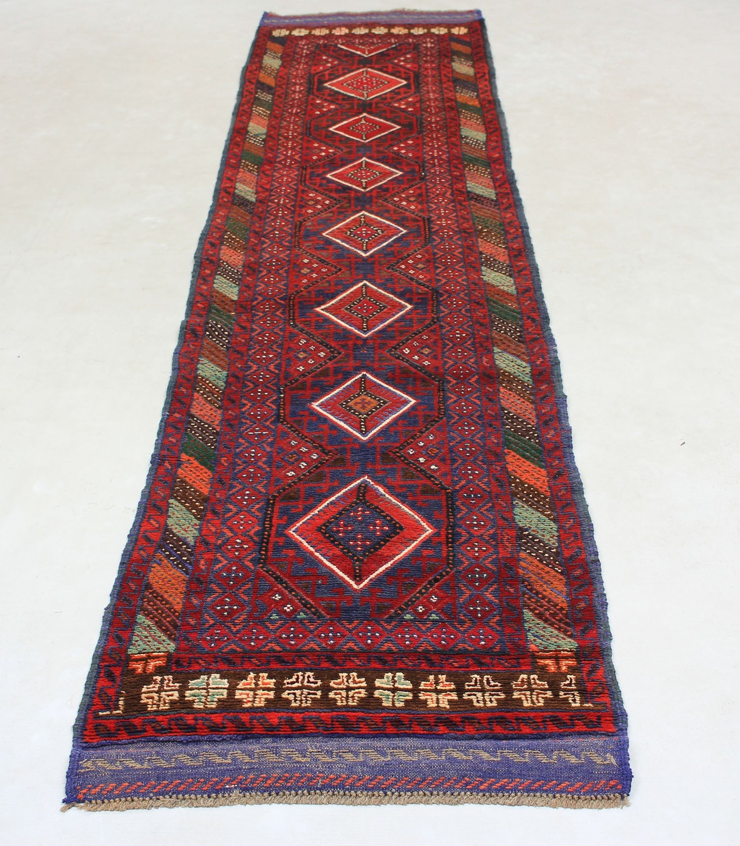 10' 6" X 2' 6"  Red Handmade Mashwani Afghan Rug Runner