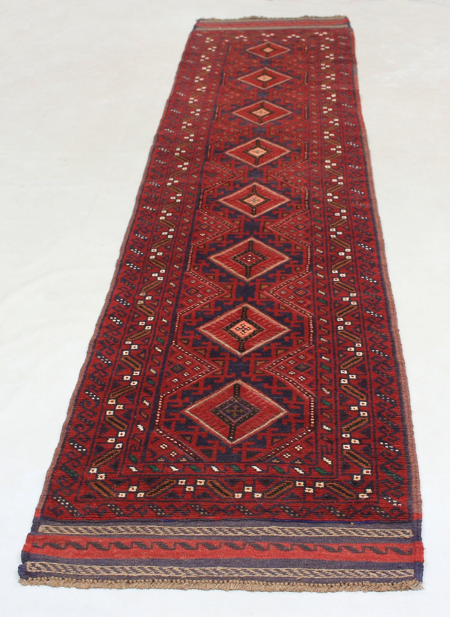 10' 6" X 2' 6"  Red Handmade Mashwani Afghan Rug Runner